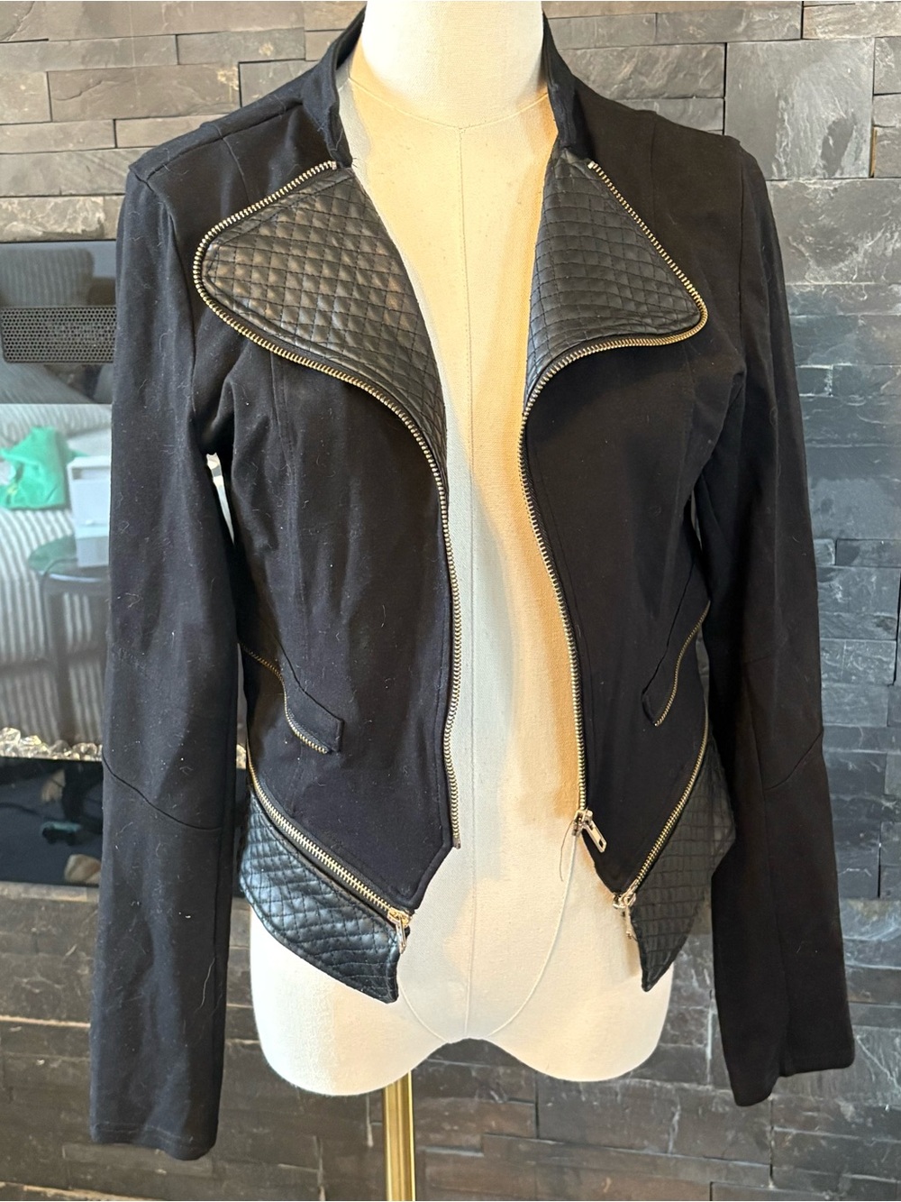 Streetwear Society Black Quilted-Trim Moto Jacket